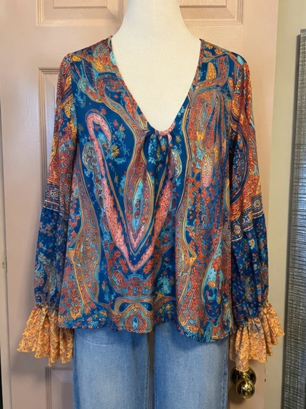 Boho Paisley Bell Sleeve Blouse Blue Orange Ruffle Cuffs